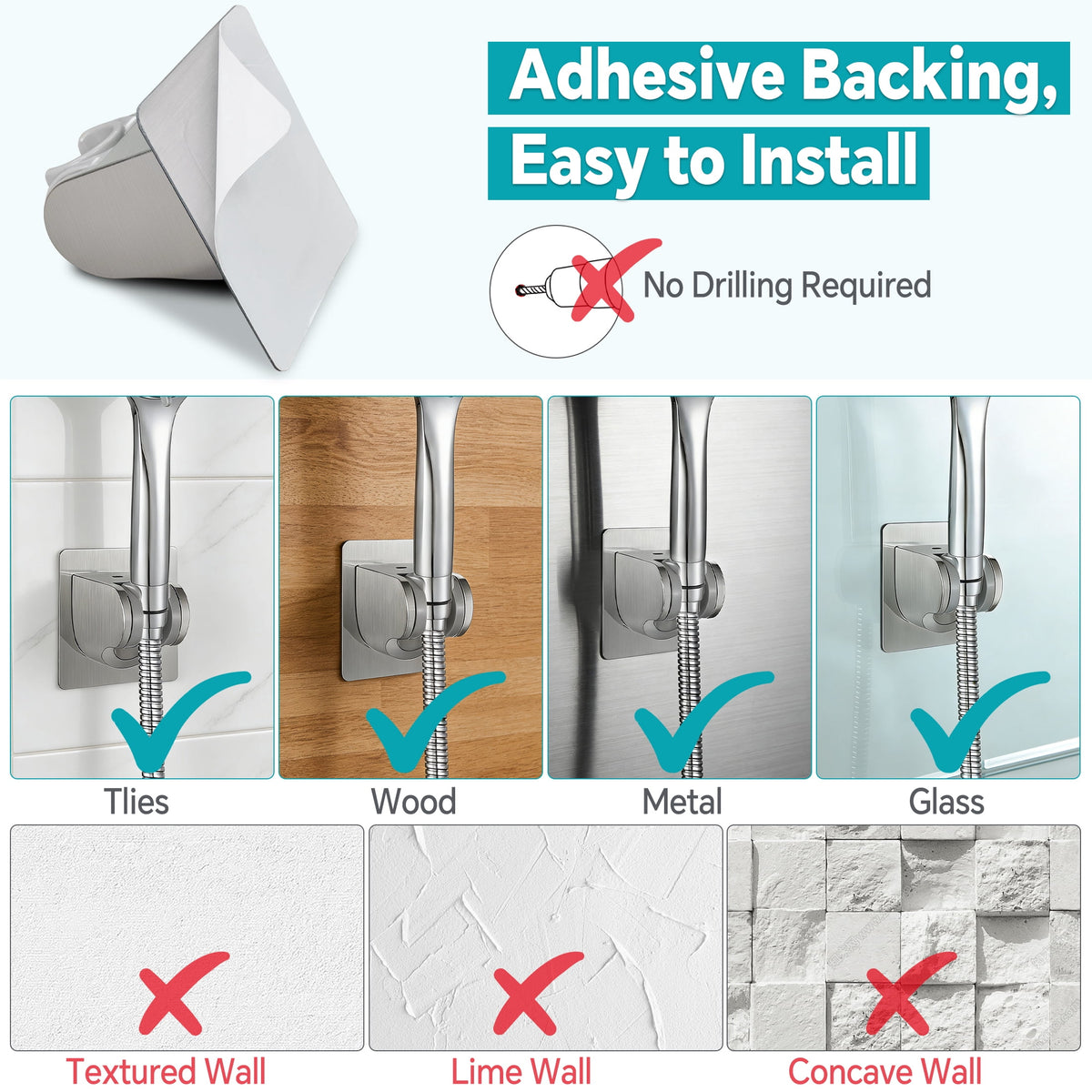 Adhesive Shower Head Holder, Adjustable No-Drill Wall Bracket - Image 6
