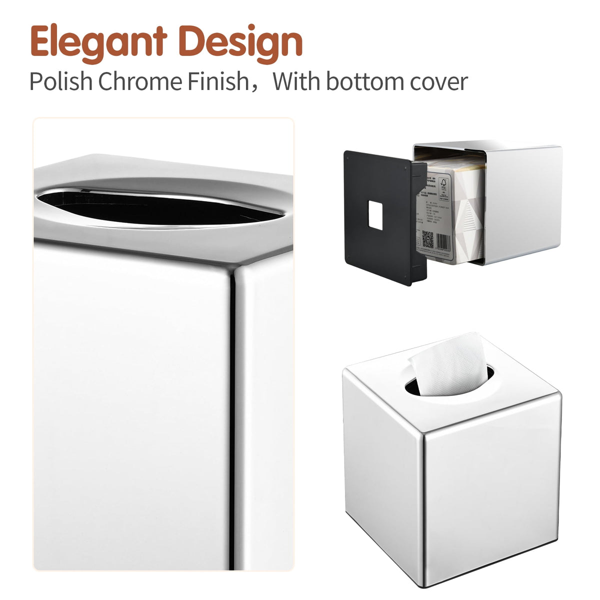 Square Tissue Box Cover with Fitted Base, Chrome Finish - Image 3