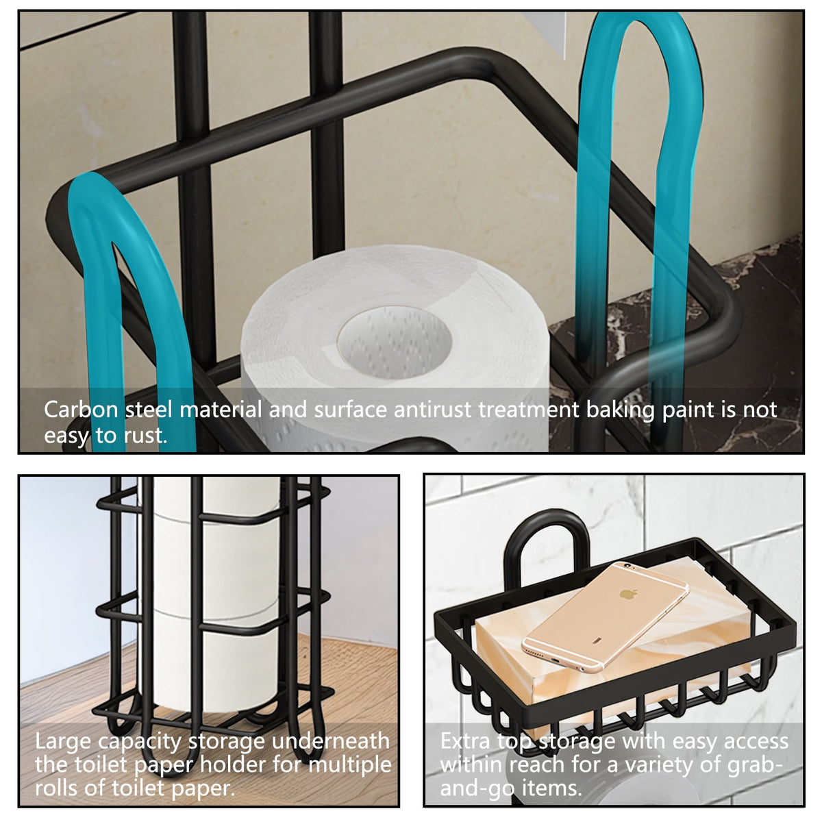 Freestanding Toilet Paper Stand with Top Tray, Holds 3 Spare Rolls - Image 3