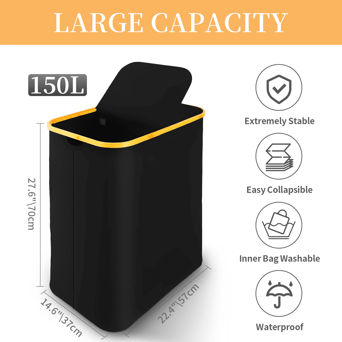 Double Laundry Hamper with Lid, 150 L Basket with Bamboo Handles - Image 2