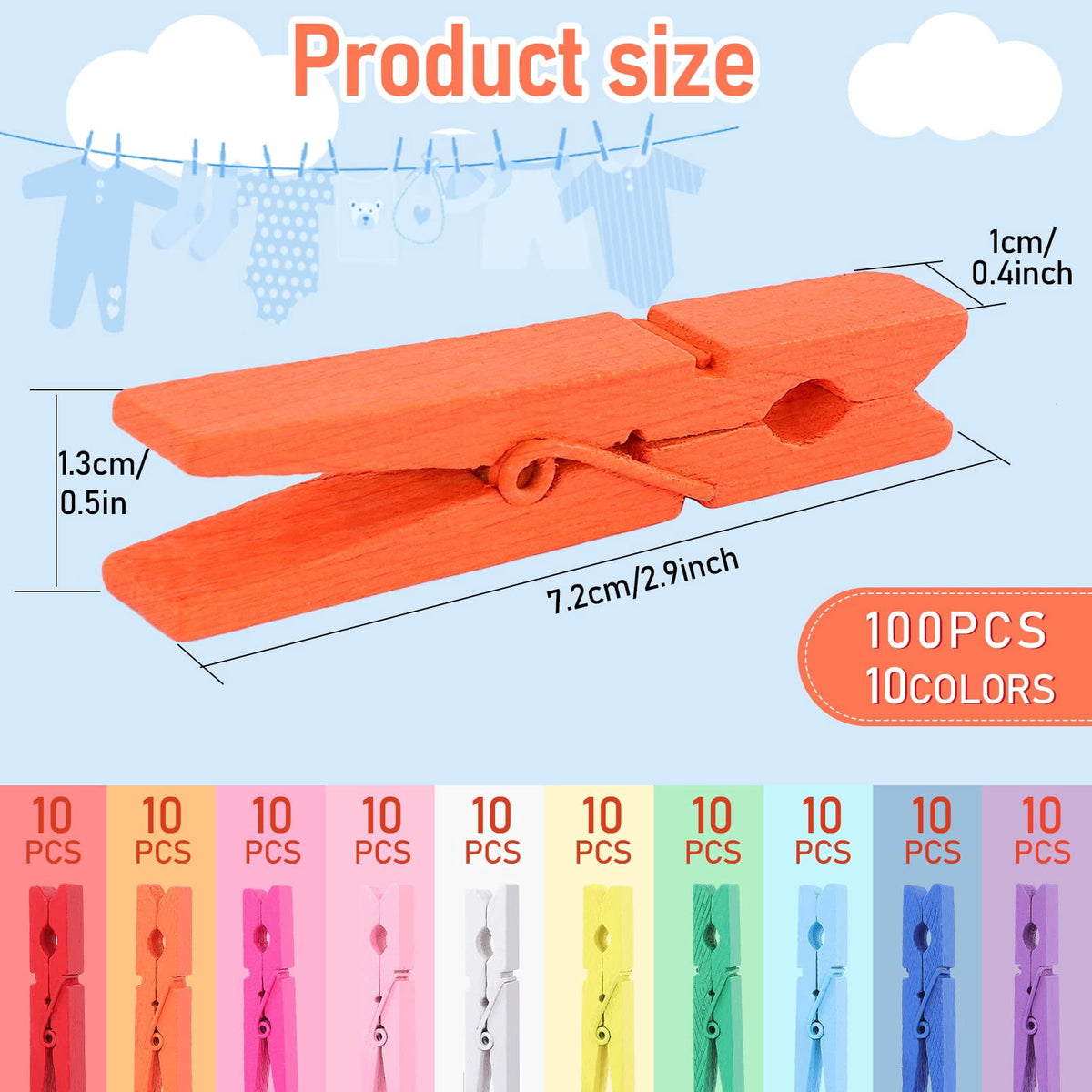Wooden Clothespins in 10 Colors, 100 Count of 2.8 in Birch Clips - Image 6