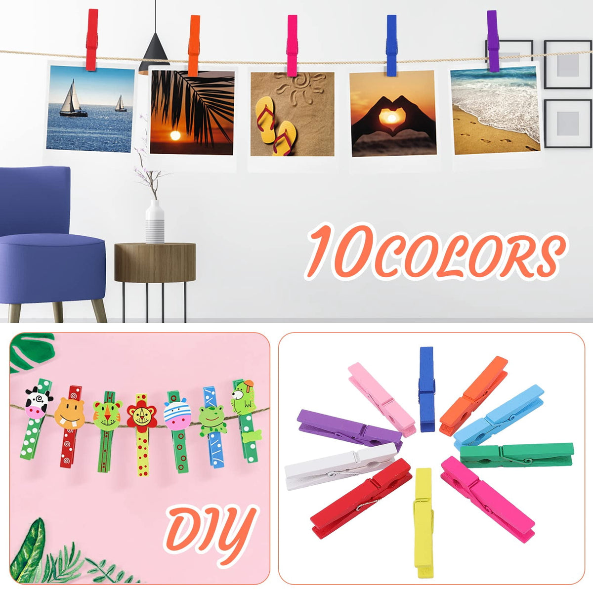 Wooden Clothespins in 10 Colors, 100 Count of 2.8 in Birch Clips - Image 4