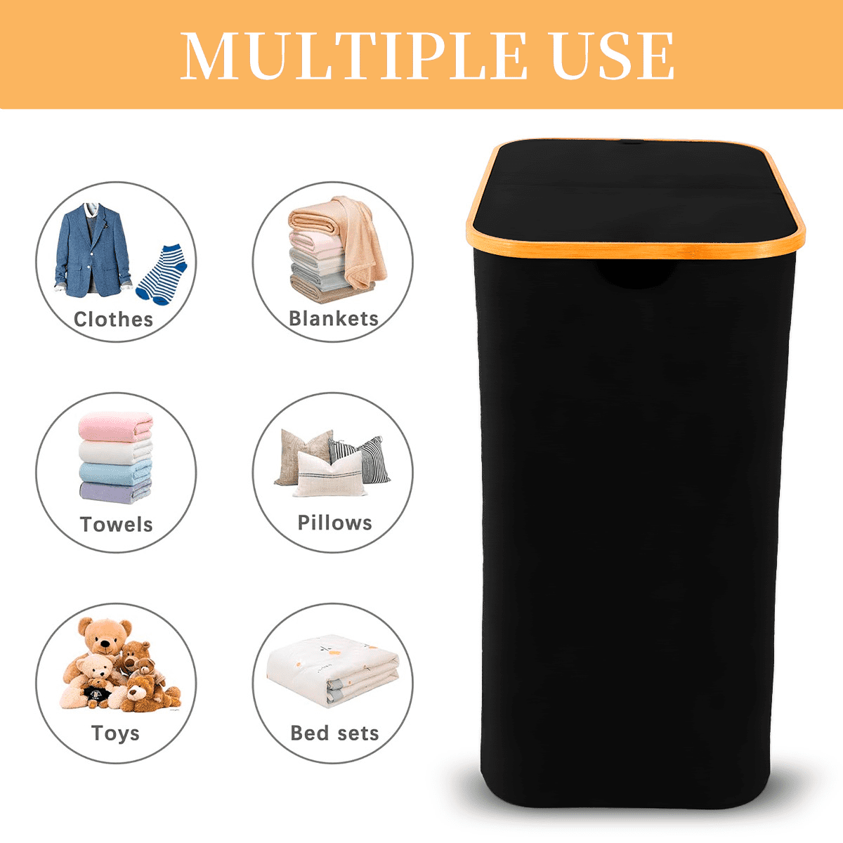 Double Laundry Hamper with Lid, 150 L Basket with Bamboo Handles - Image 3