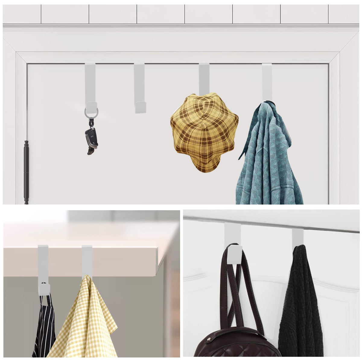 Over-the-Door Hooks, Set of 6 White Metal Hangers Rated to 7 lb - Image 2