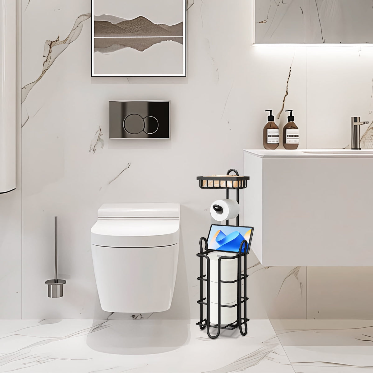 Freestanding Toilet Paper Stand with Top Tray, Holds 3 Spare Rolls - Image 5