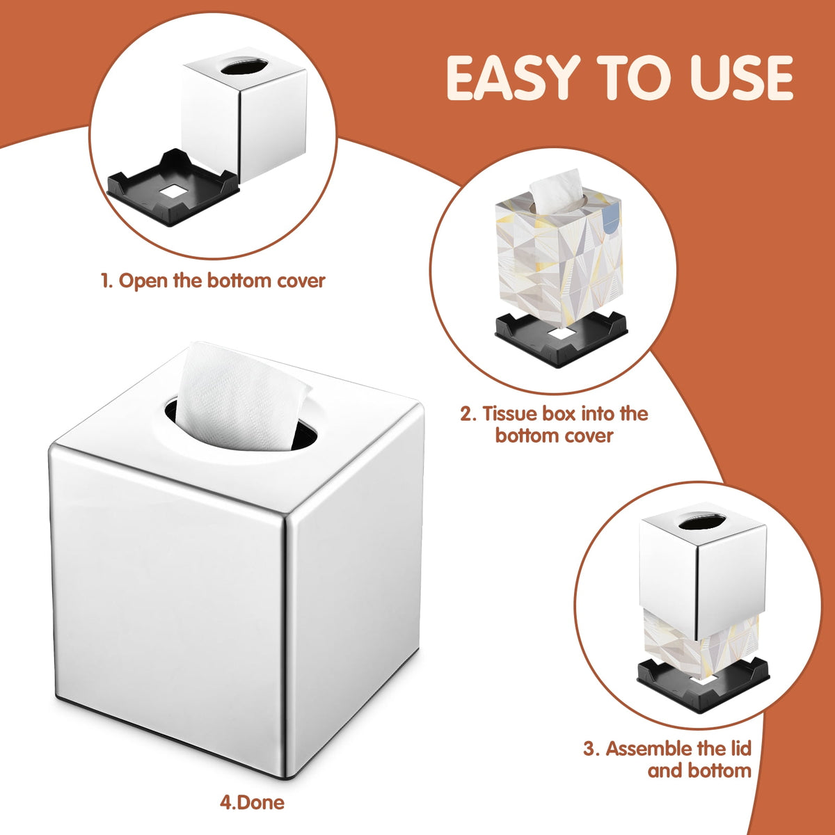 Square Tissue Box Cover with Fitted Base, Chrome Finish - Image 6