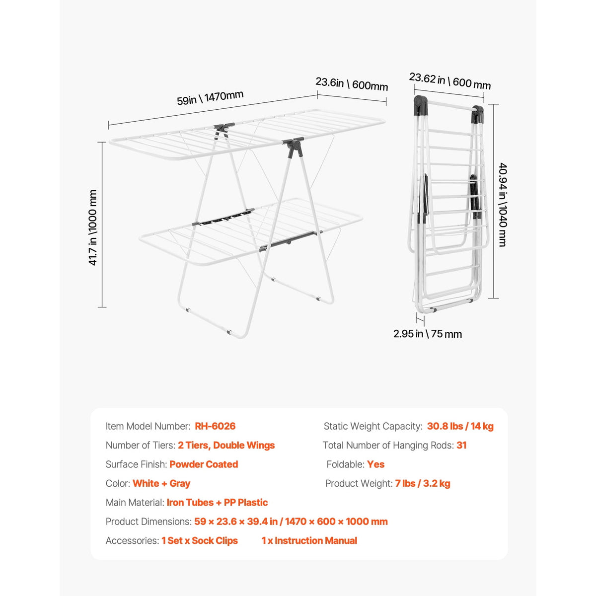 Folding Two-Tier Drying Rack with 31 Rods and Sock Clips - Image 6
