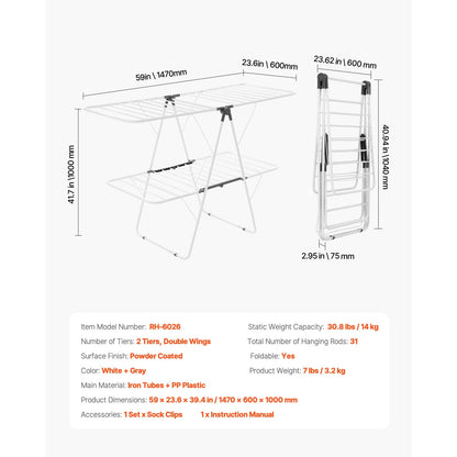 Folding Two-Tier Drying Rack with 31 Rods and Sock Clips - Image 6