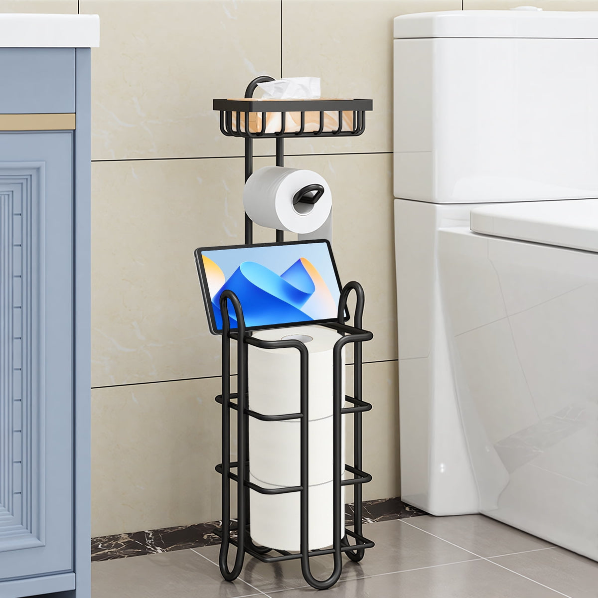 Freestanding Toilet Paper Stand with Top Tray, Holds 3 Spare Rolls - Image 2