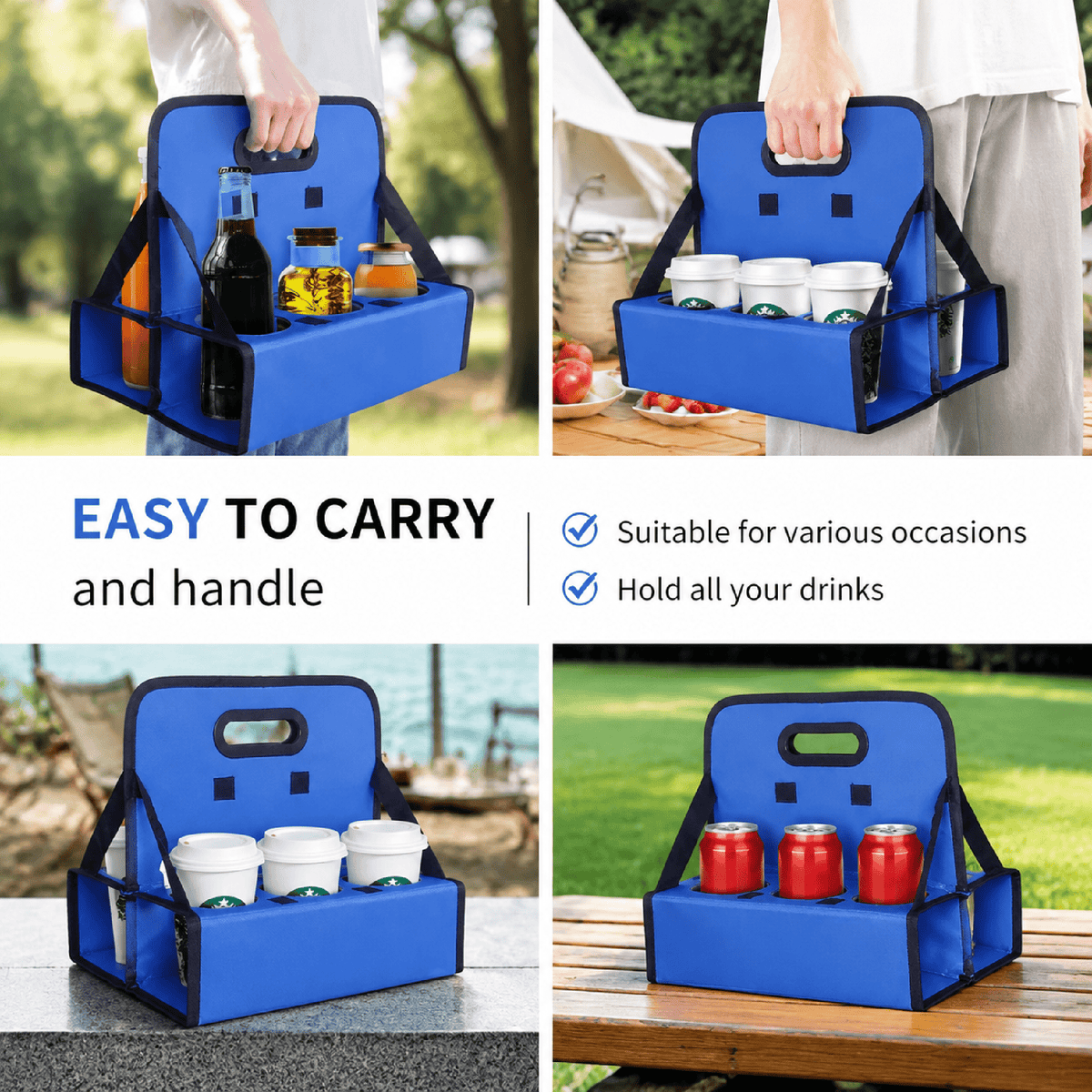 Foldable Six-Cup Drink Carrier with Handle, Reusable Caddy in Blue - Image 3