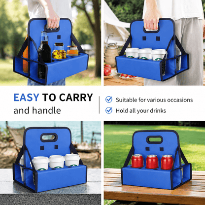 Foldable Six-Cup Drink Carrier with Handle, Reusable Caddy in Blue - Image 3
