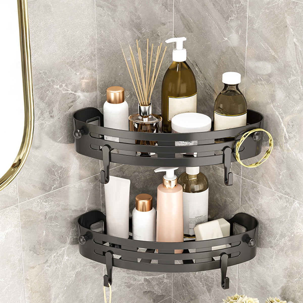 No-Drill Corner Shower Shelf with Two Hooks, 7.87 in Triangle Caddy - Image 4