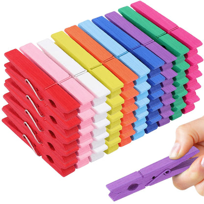 Wooden Clothespins in 10 Colors, 100 Count of 2.8 in Birch Clips