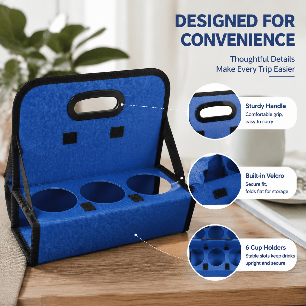Foldable Six-Cup Drink Carrier with Handle, Reusable Caddy in Blue - Image 6