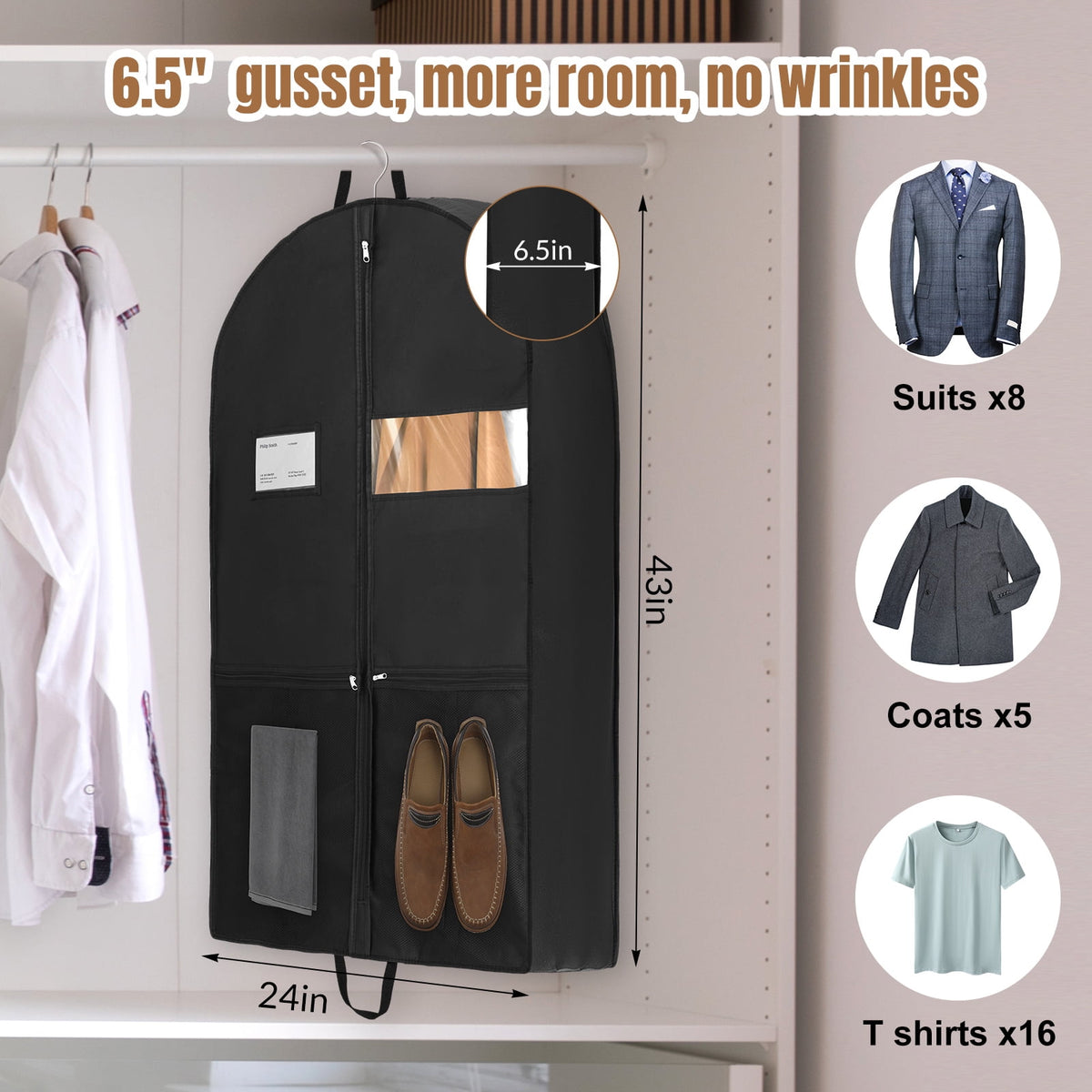 Gusseted Garment Bags, 2 Pack of 43 in Suit Covers with Window - Image 2
