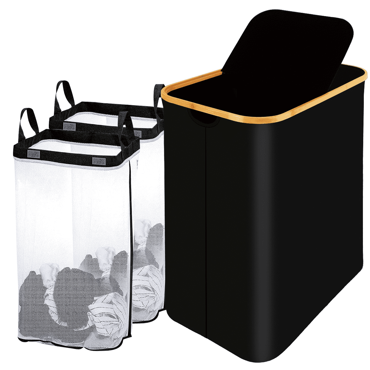 Double Laundry Hamper with Lid, 150 L Basket with Bamboo Handles