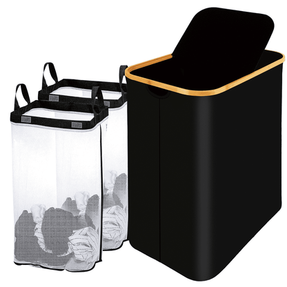Double Laundry Hamper with Lid, 150 L Basket with Bamboo Handles