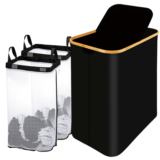 Double Laundry Hamper with Lid, 150 L Basket with Bamboo Handles