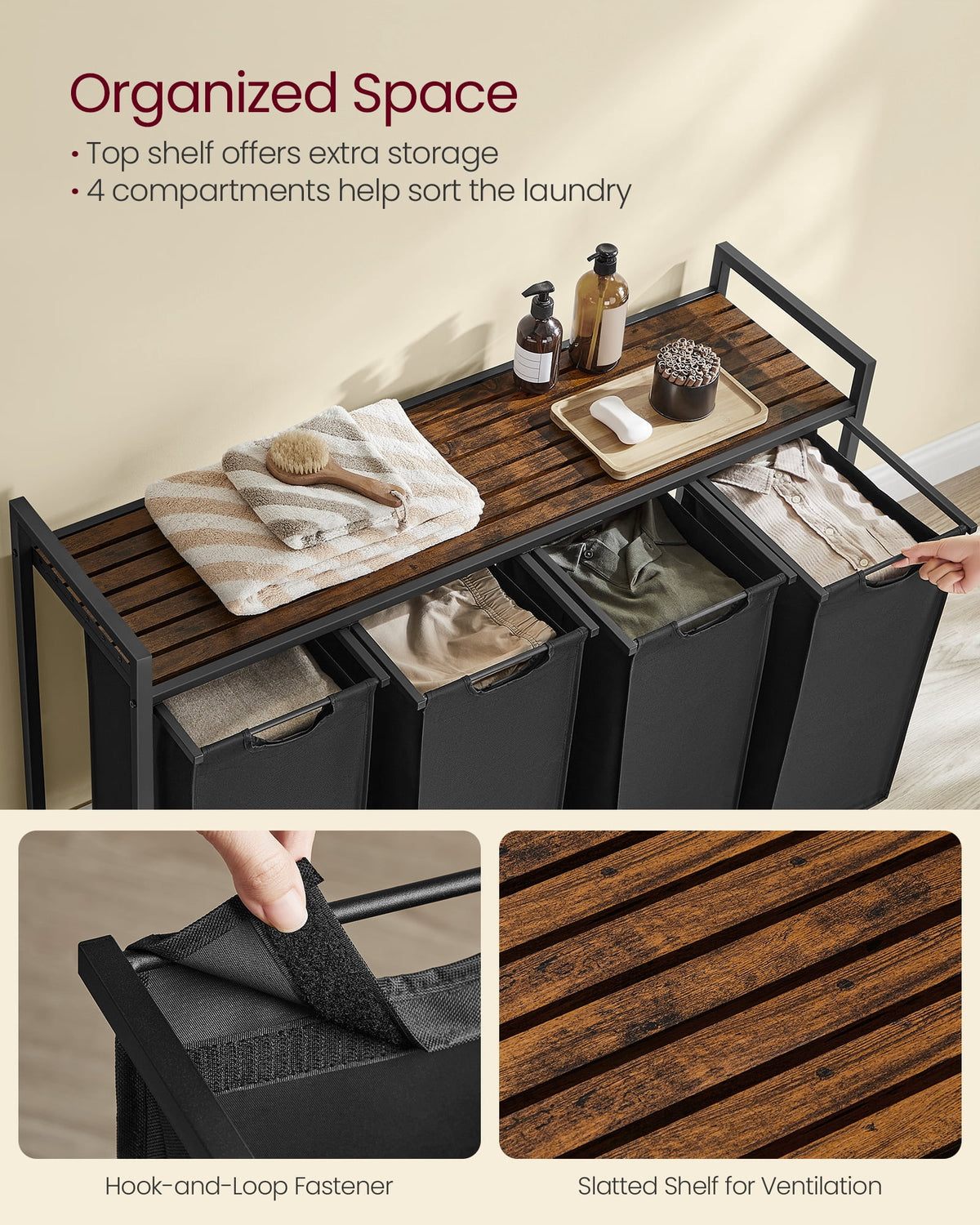 Four-Bag Laundry Sorter with Shelf, 10.6 Gallons per Compartment - Image 3