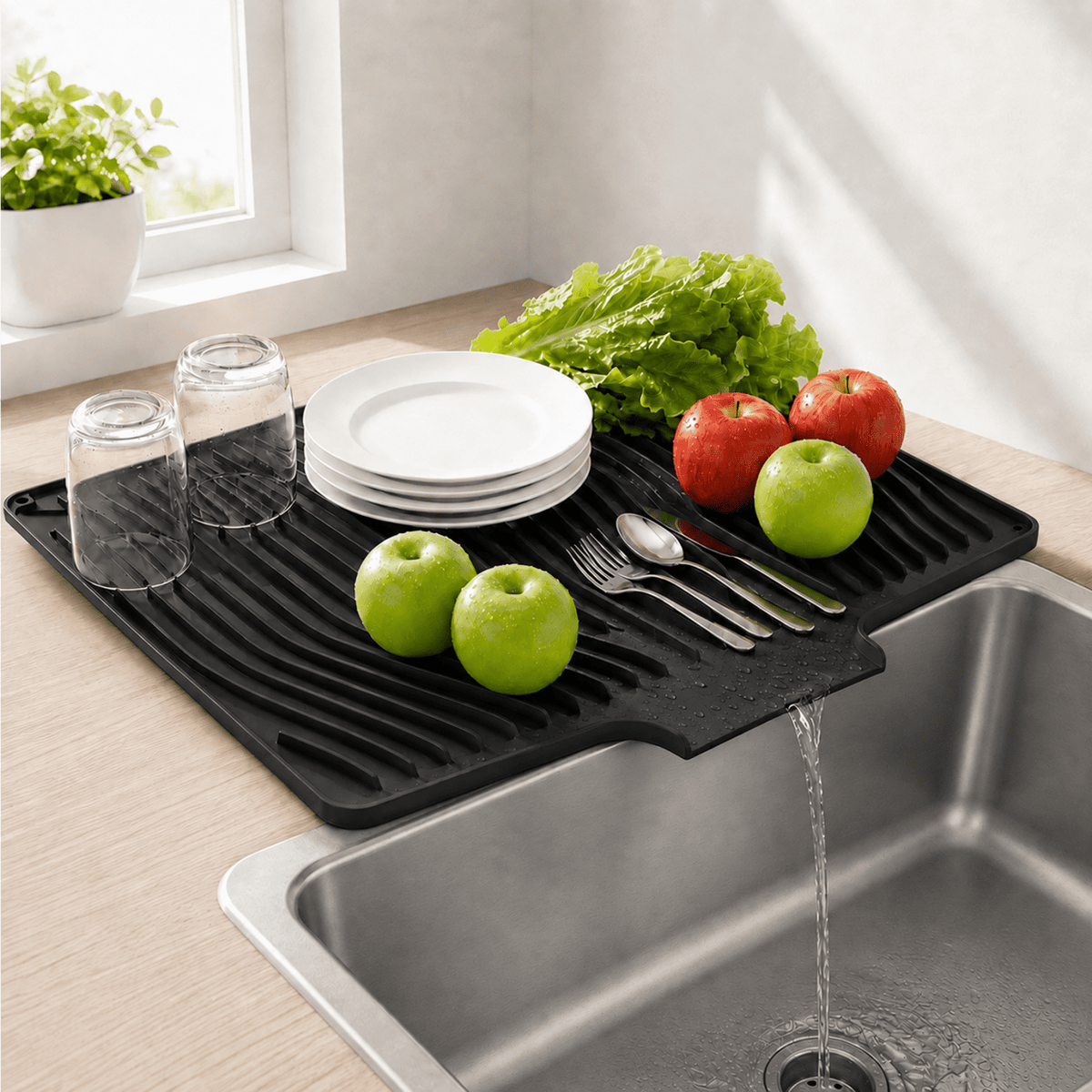 Silicone Dish Drying Mat, 19 x 14 in with Built-In Drain Channel - Image 2