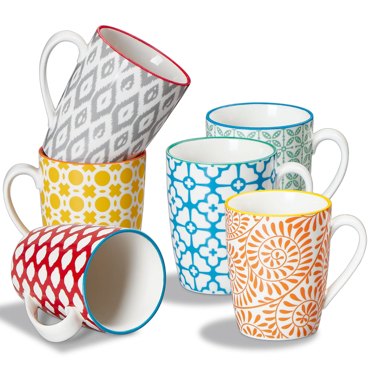 Ceramic Coffee Mugs, Set of Six in Six Colors, 12 oz Each