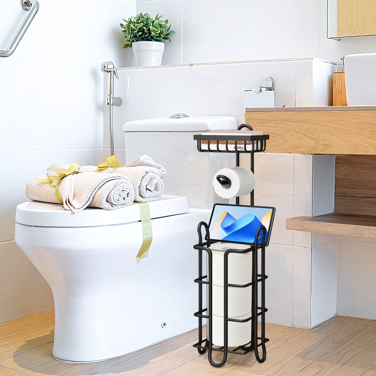 Freestanding Toilet Paper Stand with Top Tray, Holds 3 Spare Rolls - Image 6